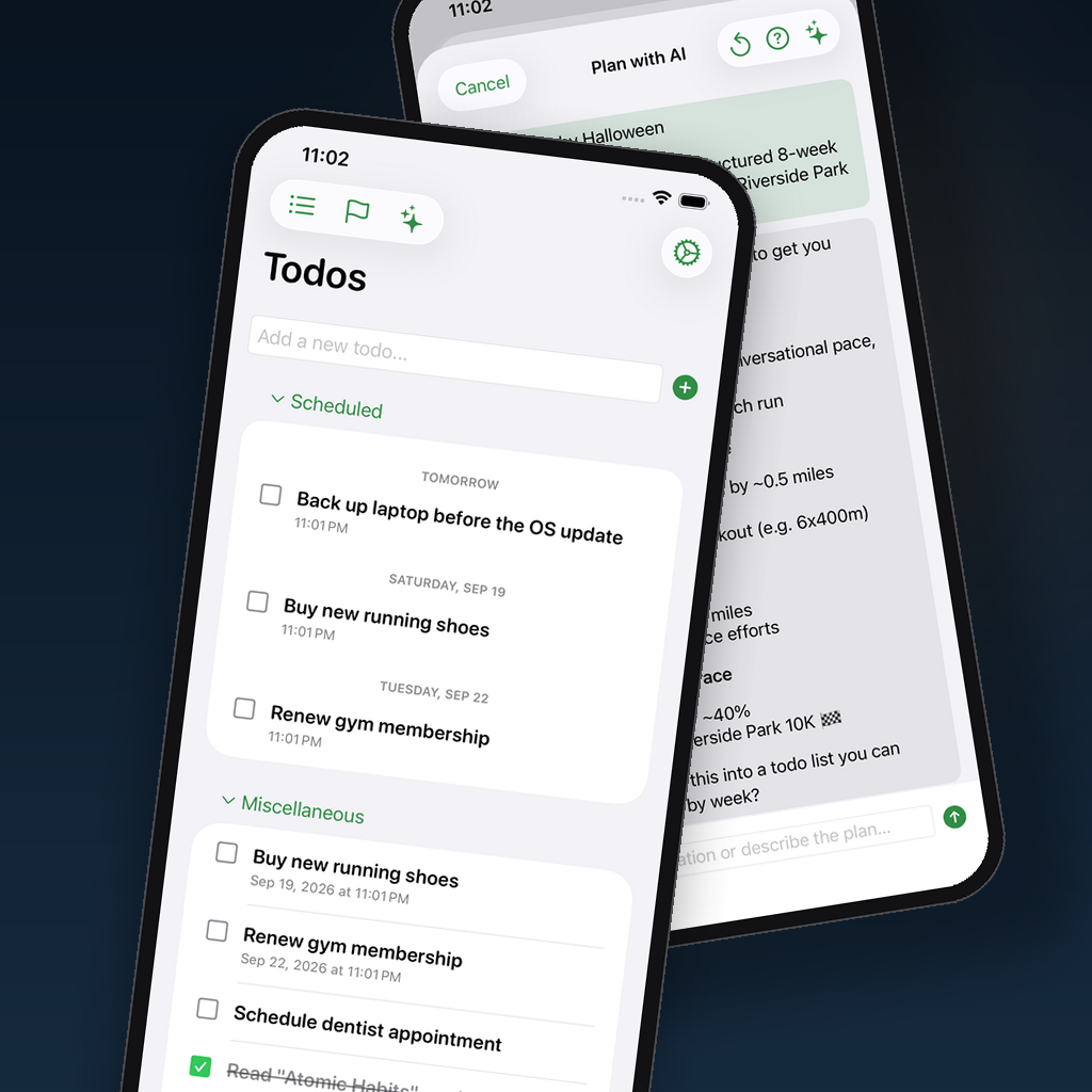 IntelliToDo app screenshots showing the Todos list and an AI planning chat