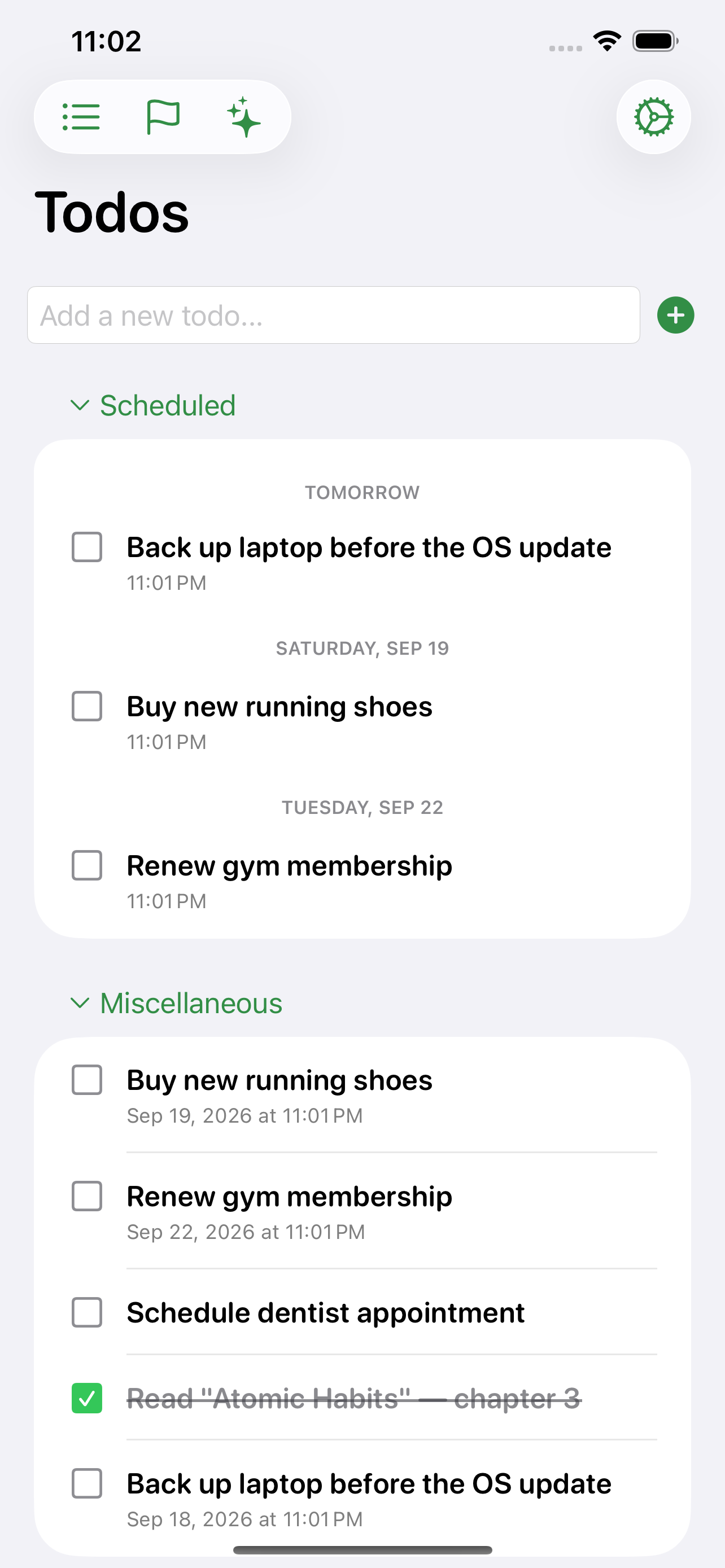 IntelliToDo Todos screen with scheduled and miscellaneous tasks