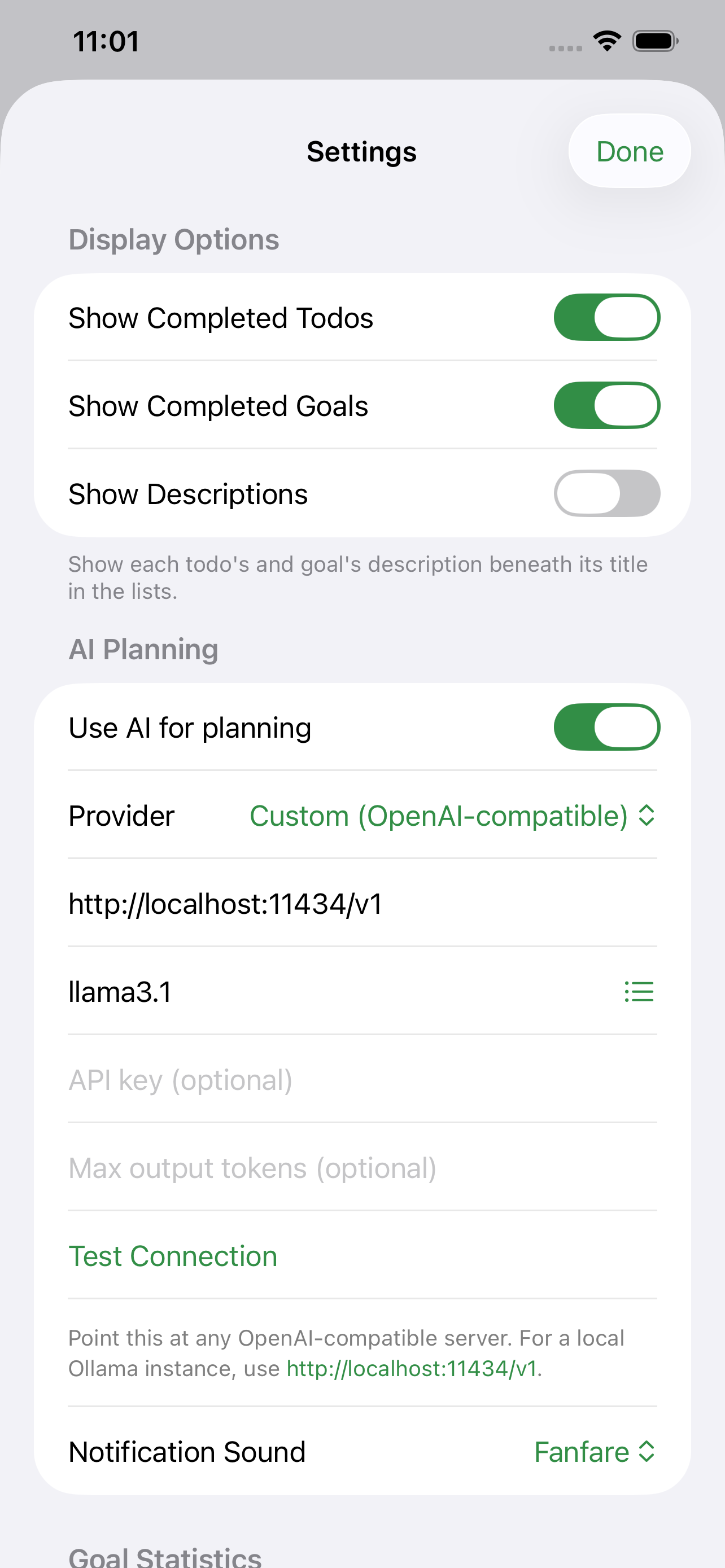 IntelliToDo settings screen with AI planning enabled