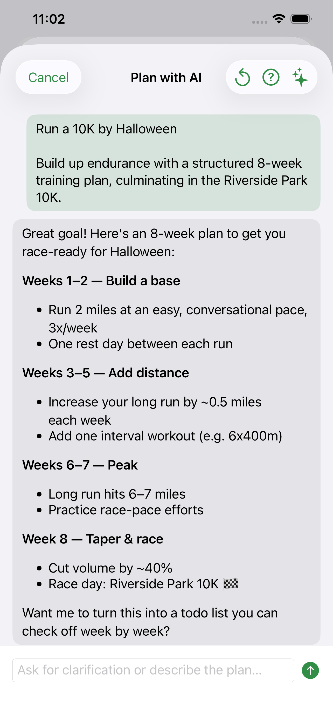 IntelliToDo AI planning chat generating an 8-week training plan